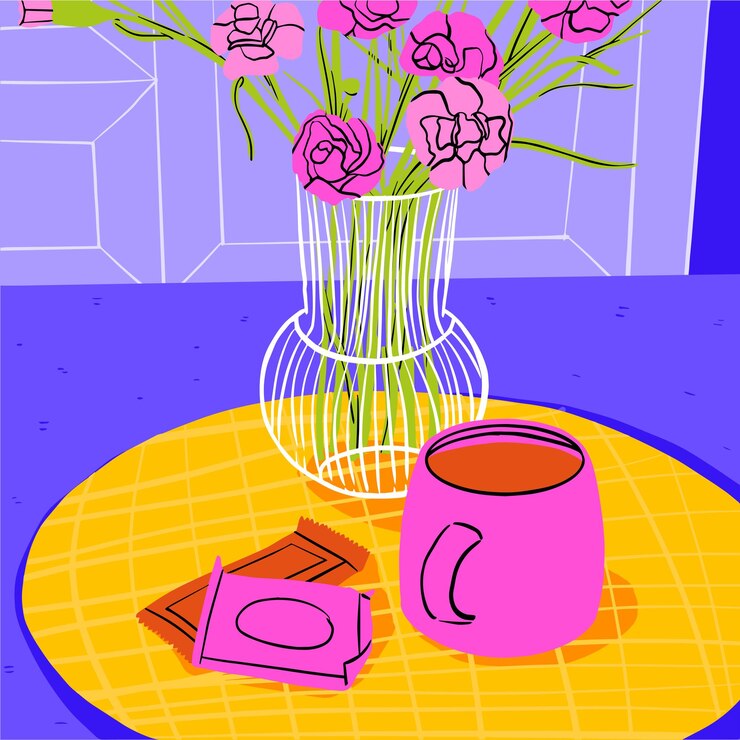 Vektor teetageszusammensetzung mit blumen und isometrischer vektorillustration der teetasse. illustration für grafik