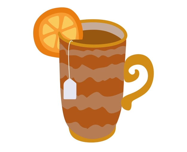 Teetasse mit Teebeutel und Orangenscheibe isoliert auf weißem Vektor flache Designillustration Teebeutel im Porzellanbecher mit Heißgetränk-Wärmegetränk-Schild Geschäftskonzept für Restaurant Perk-Logo