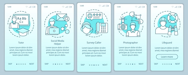 Teilzeitjobs Türkis beim Onboarding auf der Seite des Bildschirms der mobilen App Tutor, Fotograf, Rettungsschwimmer. Walkthrough-Website-Schritte mit linearen Illustrationen. UX, UI, GUI-Smartphone-Schnittstellenkonzept