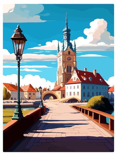 Vektor telc tschechische republik vintage reiseplakat souvenir postkarte porträt malerei wpa illustration