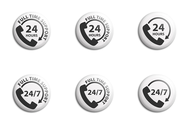 Telefon 24-Stunden-Support-Symbol Satz von ganztägigen Kundensupport-Callcenter-Symbolen Vollzeit-Anrufdienste Flache Vektorillustration