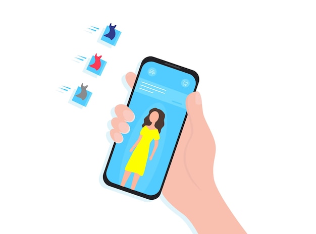 Vektor telefon in der hand, eine junge frau wählt kleidung aus, kleidet sich in einem online-shop.