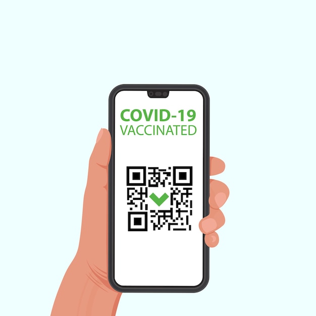 Telefon mit impfzertifikat covid19 qr-code-testergebnis in einem handvektor