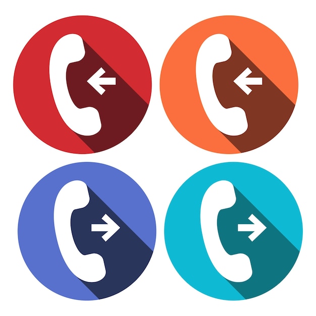 Telefonsymbol-vektorillustration mit langem schatten, der auf farben isoliert ist, kreist das symbol für eingehende und ausgehende anrufe ein