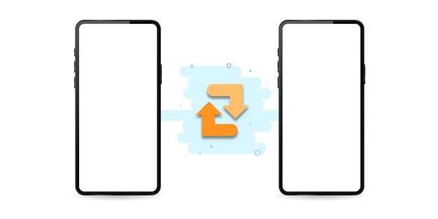 Telefonsynchronisation auf einem weißen transparenten Hintergrund. Orange Pfeile