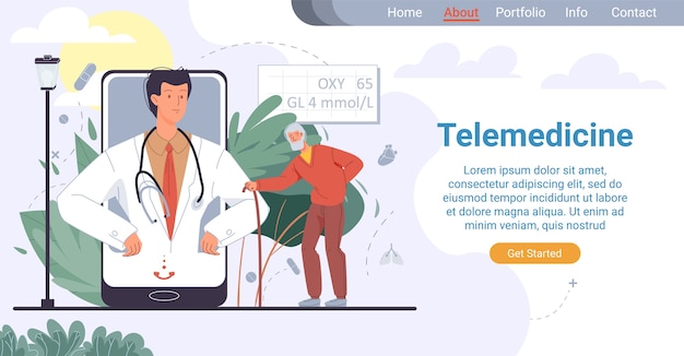 Telemedizin für ältere menschen. online-gesundheitsdienst für alte patienten. medizinische landingpage. der ältere mann bat den arzt um hilfe und hörte sich das testergebnis des therapeuten auf dem mobilen bildschirm an