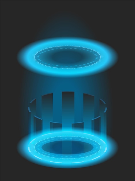 Teleport mit blauen Glühstrahlen mit Funken Neonenergiekreise Portalpodium Licht futuristischer digitaler Wrap oder fantasievolles leuchtendes Hologramm Vektorvertikaler Weltraumtunnel mit Lichtstrahlen