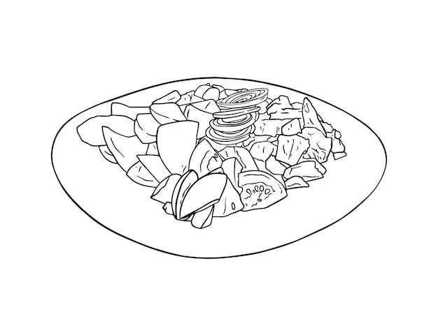 Teller mit Shawarma-Tomatenscheiben Hähnchen-Gurken-Kartoffeln und Zwiebelringen Lebensmittel-Fast-Food-Doodle lineare Cartoon-Färbung