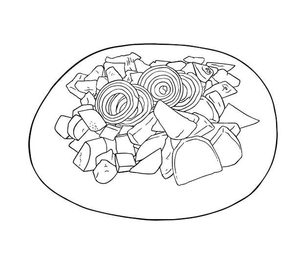 Teller mit Shawarma-Tomatenscheiben Hähnchen-Gurken-Kartoffeln und Zwiebelringen Lebensmittel-Fast-Food-Doodle lineare Cartoon-Färbung