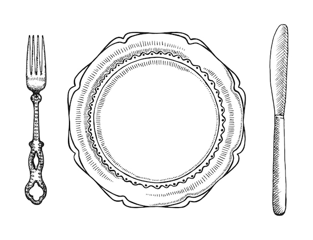 Teller und besteck vektorskizze handzeichnung isoliert