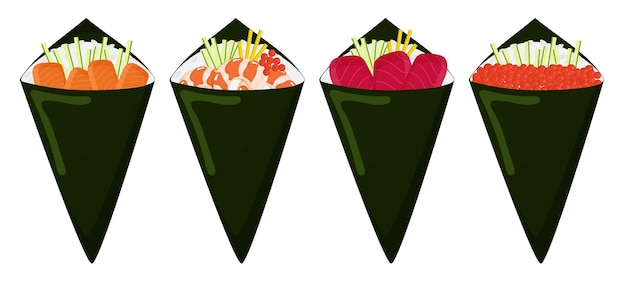 Vektor temaki-sushi mit verschiedenen füllungen. vektor-illustration.