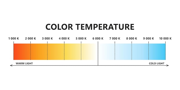 Temperaturskala der lichtfarbe kelvin-temperaturskala infografiken der sichtbaren lichtfarben farbschattierungen diagramm warmes und kühles weiß mit farbverlauf vektordarstellung isoliert auf weißem hintergrund