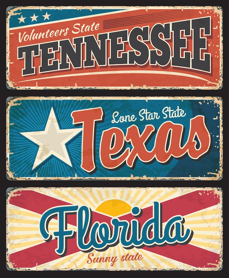Vektor tennessee, texas und florida staaten rostige metallplatten