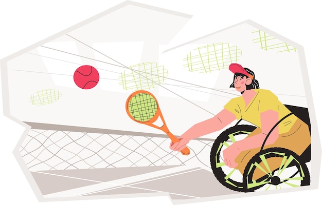 Vektor tennis-inklusivsport für rollstuhlsportler und möglichkeiten für menschen mit behinderungen. rollstuhltennis-wettbewerb für sportler mit behinderungen, vektor-banner-vorlage