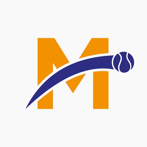 Tennis-Logo auf Buchstabe M mit beweglichem Tennisball-Symbol Vorlage für Tennis-Logo