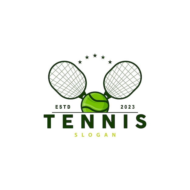 Tennis, logo, design, turnier, sport, ball, und, schläger, vektor, einfache, silhouette, illustration