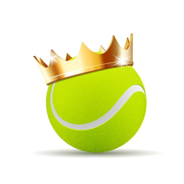 Tennisball in goldener königskrone. erfolgskonzept im tennissport. tennis - könig des sports. realistische vektorillustration lokalisiert auf weißem hintergrund.