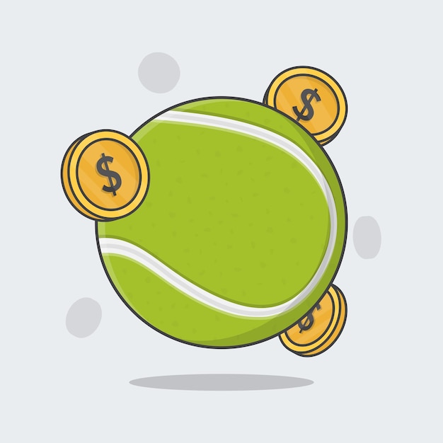 Tennisball mit Geld-Karikatur-Vektor-Illustration Tennis-flache Symbol-Gliederung