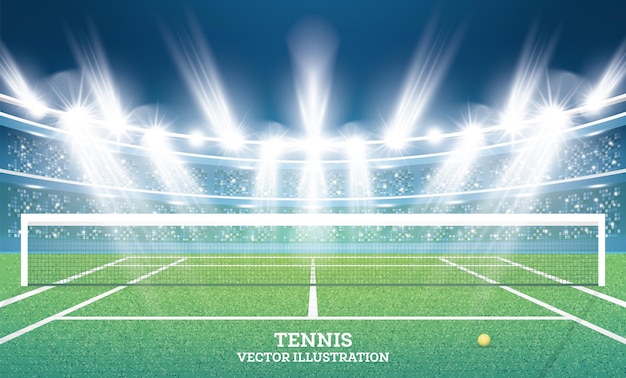 Vektor tennisplatz mit grünem gras und scheinwerfern. illustration.
