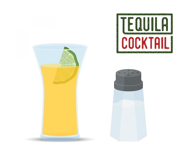 Vektor tequila cocktail - glas mit limette, salzstreuer