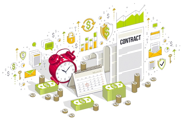 Terminkonzept, tischwecker und kalender mit bargeldstapeln isoliert auf weißem hintergrund. vector isometrische 3d-geschäftsillustration mit symbolen, statistikdiagrammen und gestaltungselementen.