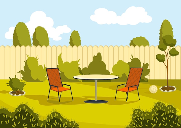 Terrasse mit Cartoon-Tisch und Stühlen. sonniger Hofbereich mit grünem Gras