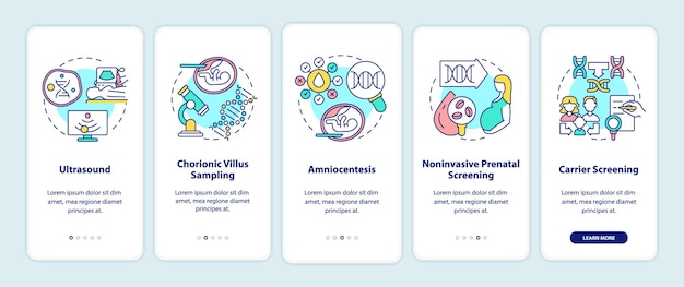 Test auf genetische krankheiten beim onboarding mobiler app-seitenbildschirm mit konzepten