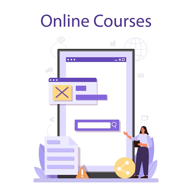 Testen des Software-Onlinedienstes oder der Plattform. Testprozess für Anwendungs- oder Website-Code. IT-Spezialist auf der Suche nach Fehlern. Online Kurs. Vektorillustration
