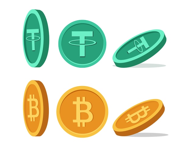 Tether- und Bitcoin-Münzen in leuchtend grünen und goldenen Tönen auf weißem Hintergrund