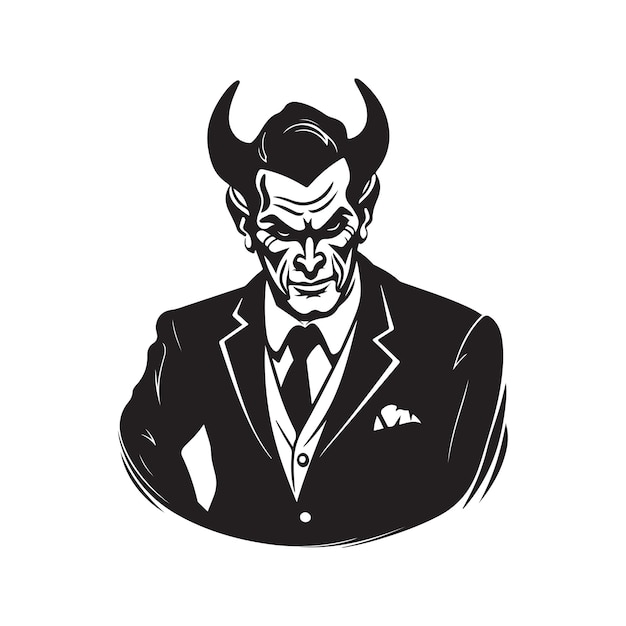 Teufel im anzug, vintage-logo, strichzeichnungen, konzept, schwarz-weiße, handgezeichnete illustration