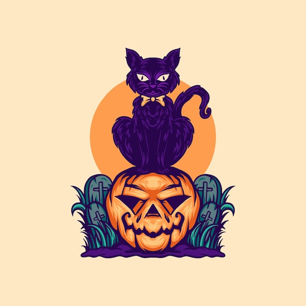 Teufel-katze und kürbis-halloween-illustration