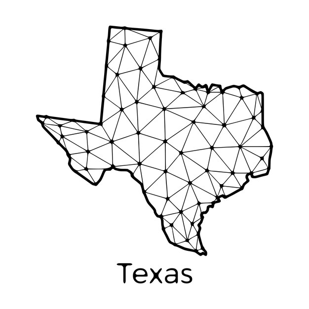 Vektor texas-staatskarte polygonal-illustration aus linien und punkten, die auf weißem hintergrund isoliert sind