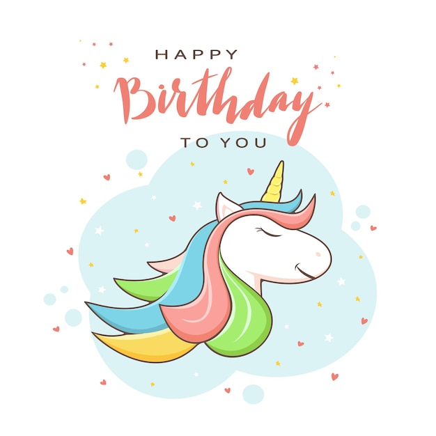 Text alles gute zum geburtstag und kopf des einhorns auf blauem hintergrund  Premium-Vektor