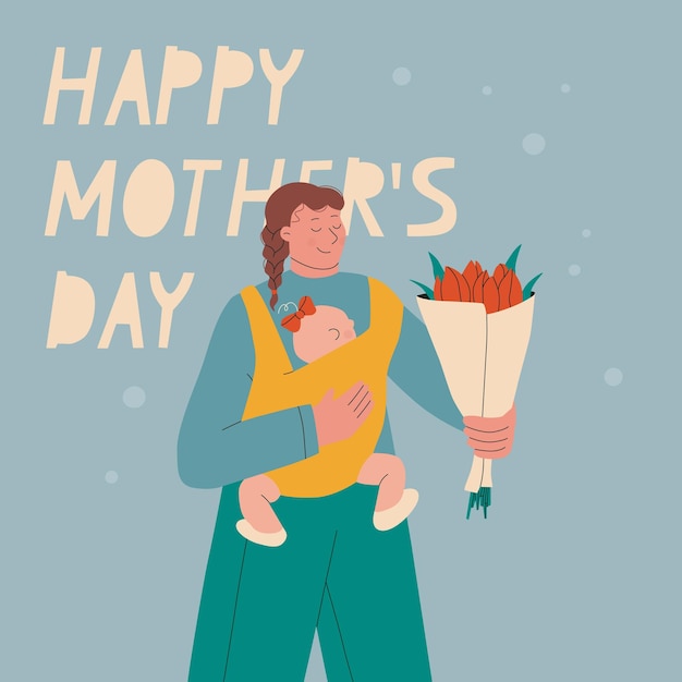 Text beste mutter, wenn junge mutter mit einem baby in einem tragetuch nette frau mit einem blumenstrauß in ihren händen postkarte zum muttertag vektor-illustration für design