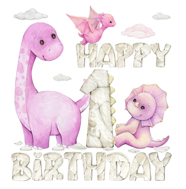 Text zum ersten Geburtstag von Dinosauriern Schöne Aquarelltiere im Zeichentrickfilm-Stil ein Feiertagsposter für Mädchen