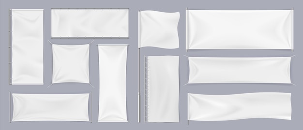 Textilbanner Realistische weiße leere Flaggen horizontaler und vertikaler Chrom-Messestand Leere Leinwandvorlage Platz für Logo und Emblem des Sportteams Vektor-Werbewimpel-Set