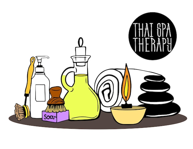 Vektor thai-massage thai-spa-therapieartikel ölbürste für trockenmassage badetuch schwarze hot-stones-kerzen