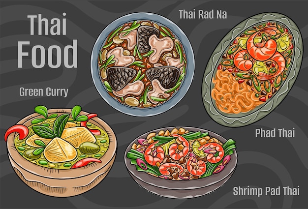 Thai-Popular-Essen Ein Satz klassischer Gerichte Handgezeichnete Zeichentrickfilme