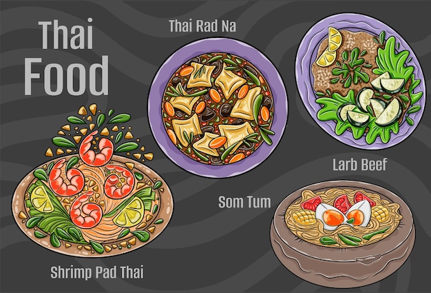 Thai-Popular-Essen Ein Satz klassischer Gerichte Handgezeichnete Zeichentrickfilme