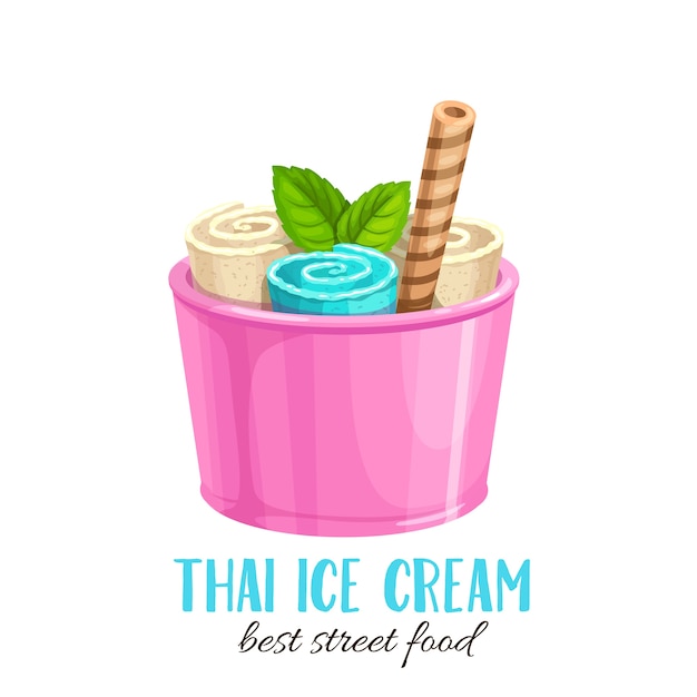 Thailändische Eisrolle mit Waffel. Karikatur flache Ikone Sommer erfrischendes Dessert