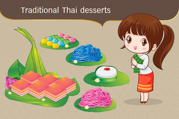 Thailändischer charakter in traditioneller tracht sawasdee und begrüßung mit traditionellem thailändischem dessertset