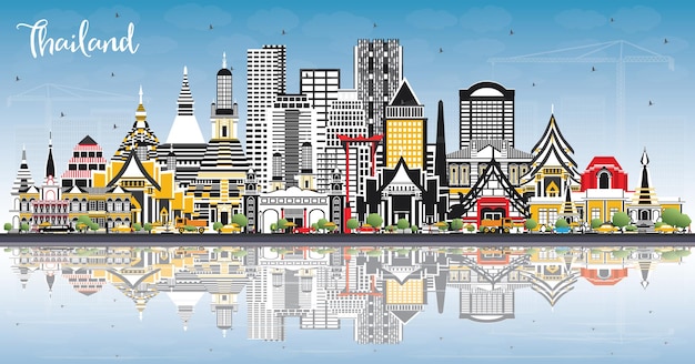 Thailand City Skyline mit Farbgebäuden, blauem Himmel und Reflexionen. Vektor-Illustration. Tourismuskonzept mit historischer Architektur. Thailand-Stadtbild mit Sehenswürdigkeiten.