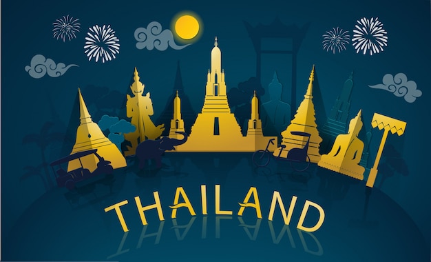 Thailand-reise zu den berühmten marksteinen und zur touristenattraktion von thailand mit papierschnittart