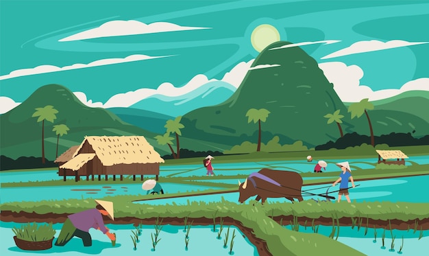 Thailand reisterrassen landwirtschaftliche landschaften reisfelder mit asiatischen bauern vektor-illustration