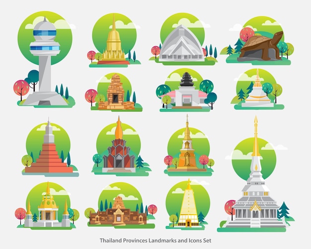 Thailand Sehenswürdigkeiten und Icons Set, Architektur-Gebäude-Ikonen, Vektorillustration