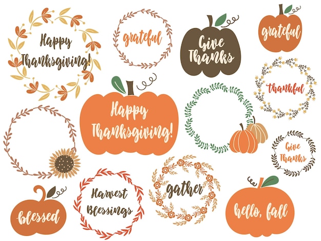 Thanksgiving day clipart mit kürbissen, floralen elementen und grußzitaten. vektor-illustration.