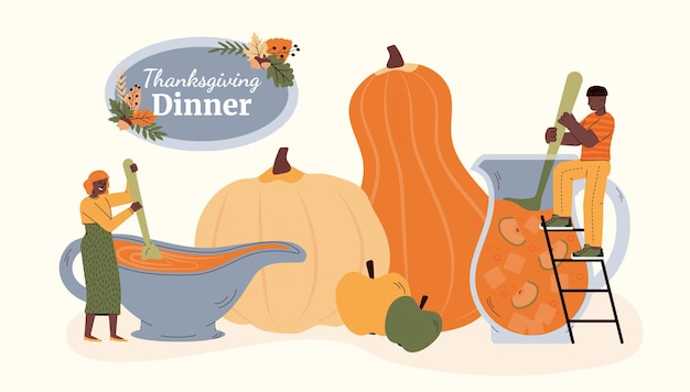 Thanksgiving-dinner-banner mit cartoon-leute flache vektor-illustration isoliert