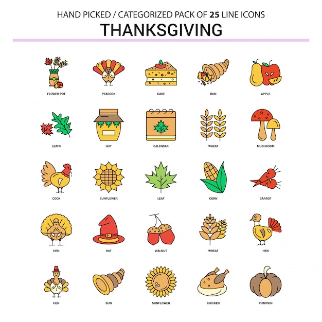 Thanksgiving flat line icon set