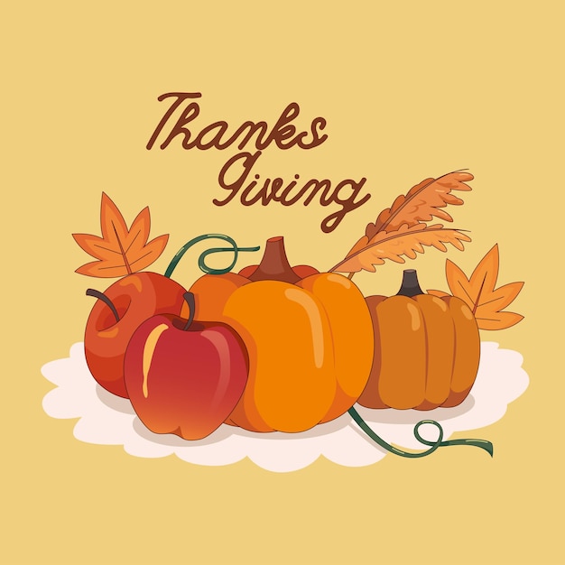 Vektor thanksgiving-illustration, vektorkarte, kürbisse, äpfel, ahornsamen