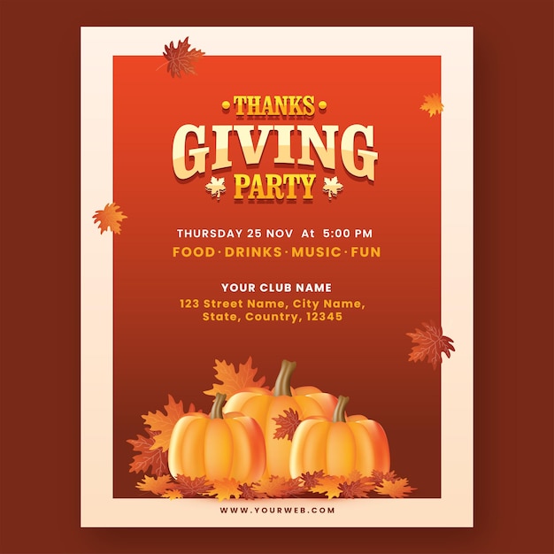 Thanksgiving-party-einladungskarte mit kürbissen, ahornblättern und veranstaltungsort-details auf rotem hintergrund.